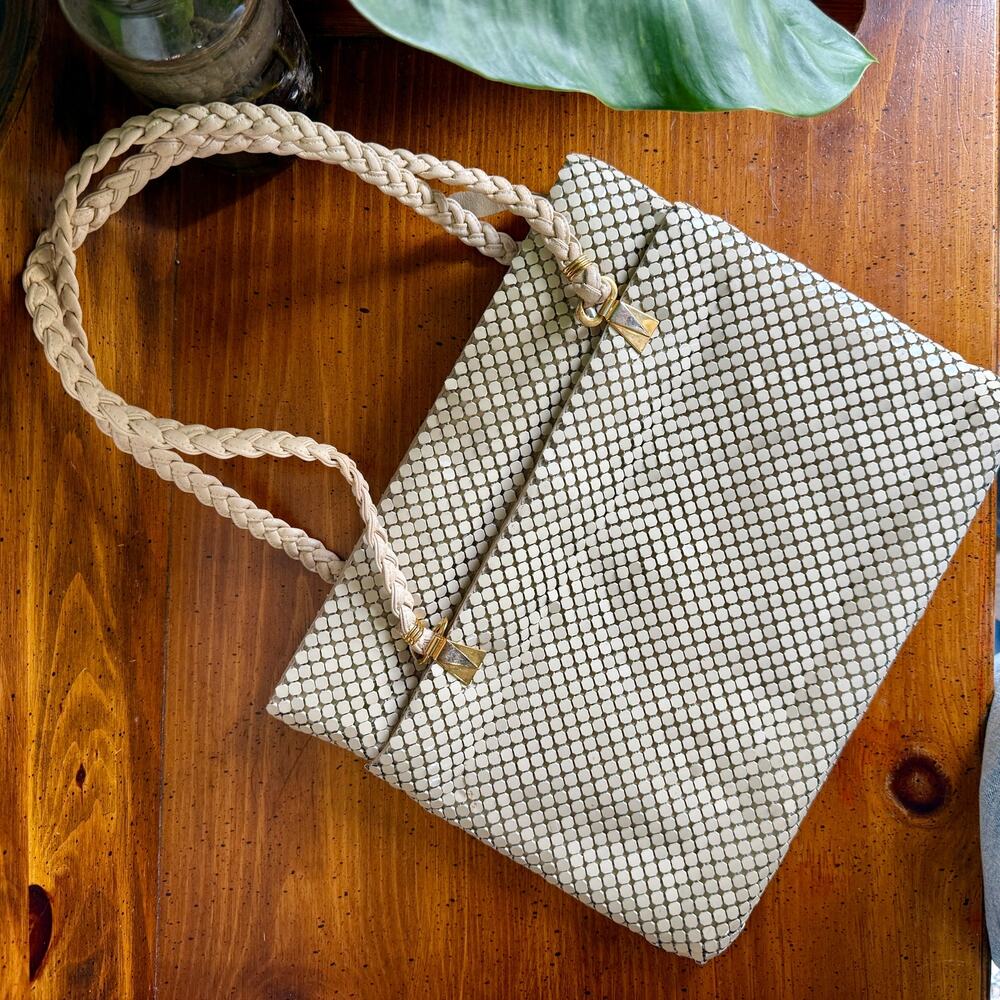 Vintage Metal Mesh Handbag Cream Shoulder Bag Y2K Purse 80s Evening Bag Retro